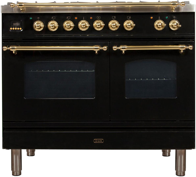 ILVE 40" Nostalgie - Dual Fuel Range with 5 Sealed Brass Burners - 3.55 cu. ft. Oven - Griddle with Brass Trim in Glossy Black (UPDN100FDMPN) Ranges ILVE 