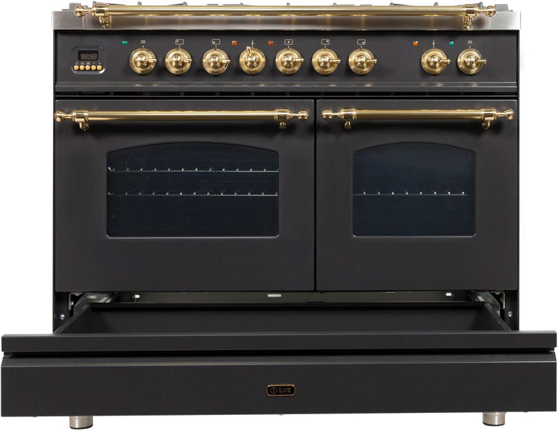 ILVE 40" Nostalgie - Dual Fuel Range with 5 Sealed Brass Burners - 3.55 cu. ft. Oven - Griddle with Brass Trim in Matte Graphite (UPDN100FDMPM) Ranges ILVE 