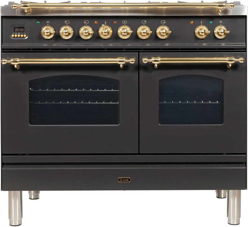 ILVE 40" Nostalgie - Dual Fuel Range with 5 Sealed Brass Burners - 3.55 cu. ft. Oven - Griddle with Brass Trim in Matte Graphite (UPDN100FDMPM) Ranges ILVE 