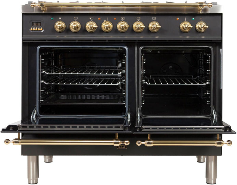 ILVE 40" Nostalgie - Dual Fuel Range with 5 Sealed Brass Burners - 3.55 cu. ft. Oven - Griddle with Brass Trim in Matte Graphite (UPDN100FDMPM) Ranges ILVE 