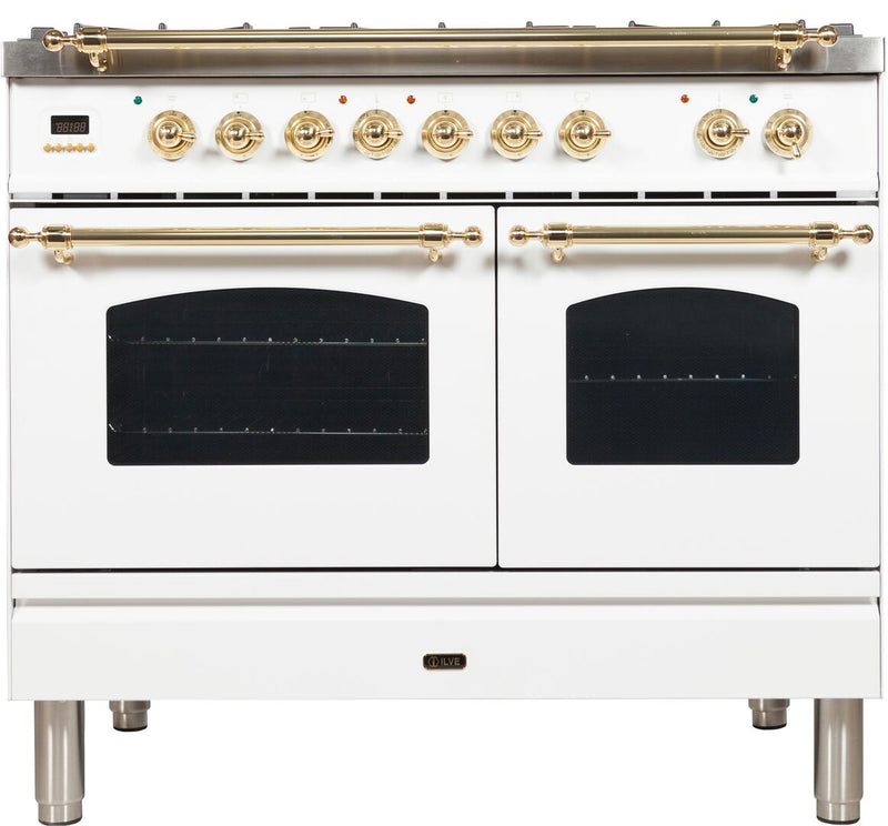 ILVE 40" Nostalgie - Dual Fuel Range with 5 Sealed Brass Burners - 3.55 cu. ft. Oven - Griddle with Brass Trim in White (UPDN100FDMPB) Ranges ILVE 