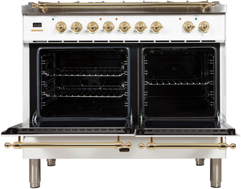 ILVE 40" Nostalgie - Dual Fuel Range with 5 Sealed Brass Burners - 3.55 cu. ft. Oven - Griddle with Brass Trim in White (UPDN100FDMPB) Ranges ILVE 