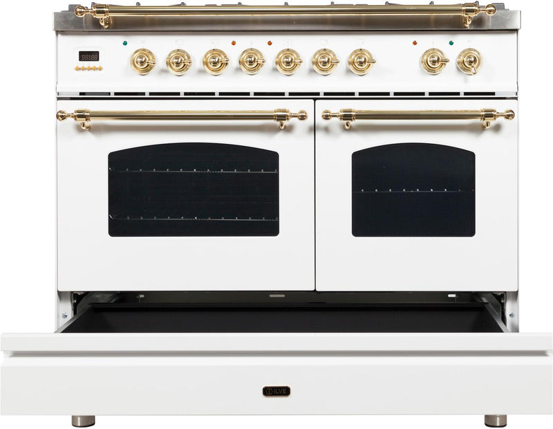 ILVE 40" Nostalgie - Dual Fuel Range with 5 Sealed Brass Burners - 3.55 cu. ft. Oven - Griddle with Brass Trim in White (UPDN100FDMPB) Ranges ILVE 