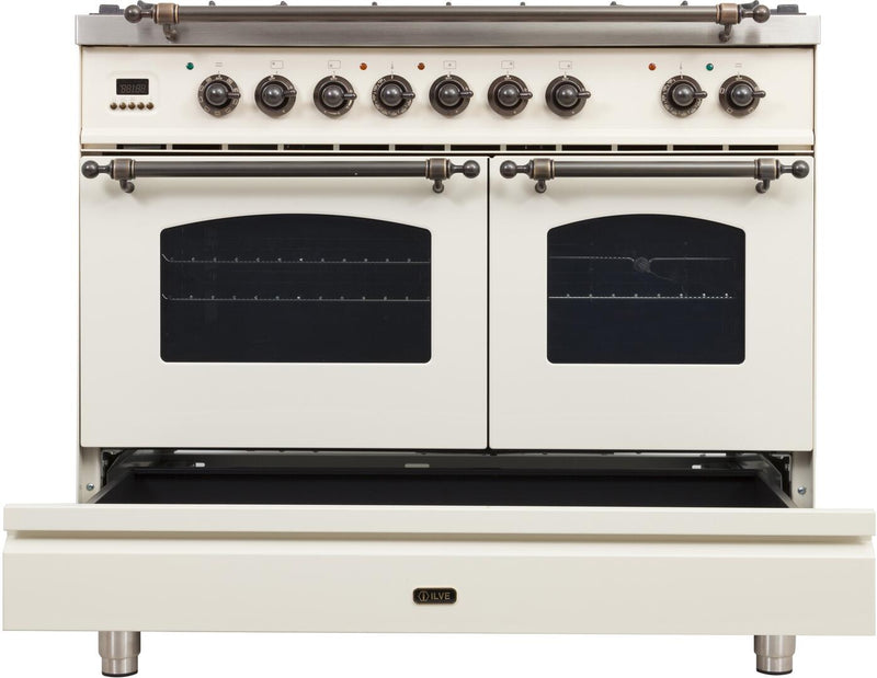 ILVE 40" Nostalgie - Dual Fuel Range with 5 Sealed Brass Burners - 3.55 cu. ft. Oven - Griddle with Bronze Trim in Antique White (UPDN100FDMPAY) Ranges ILVE 