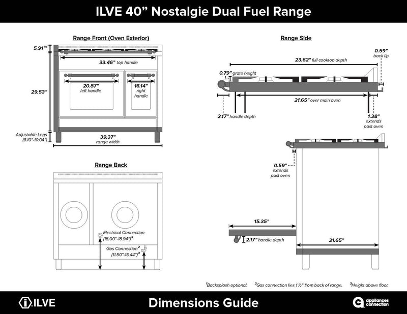 ILVE 40" Nostalgie - Dual Fuel Range with 5 Sealed Brass Burners - 3.55 cu. ft. Oven - Griddle with Bronze Trim in Blue (UPDN100FDMPBLY) Ranges ILVE 