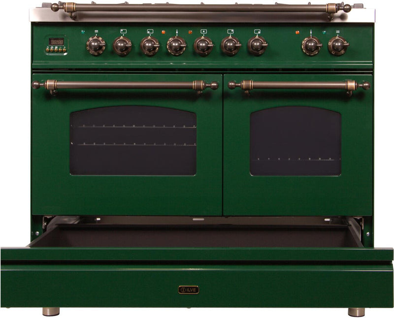 ILVE 40" Nostalgie - Dual Fuel Range with 5 Sealed Brass Burners - 3.55 cu. ft. Oven - Griddle with Bronze Trim in Emerald Green (UPDN100FDMPVSY) Ranges ILVE 