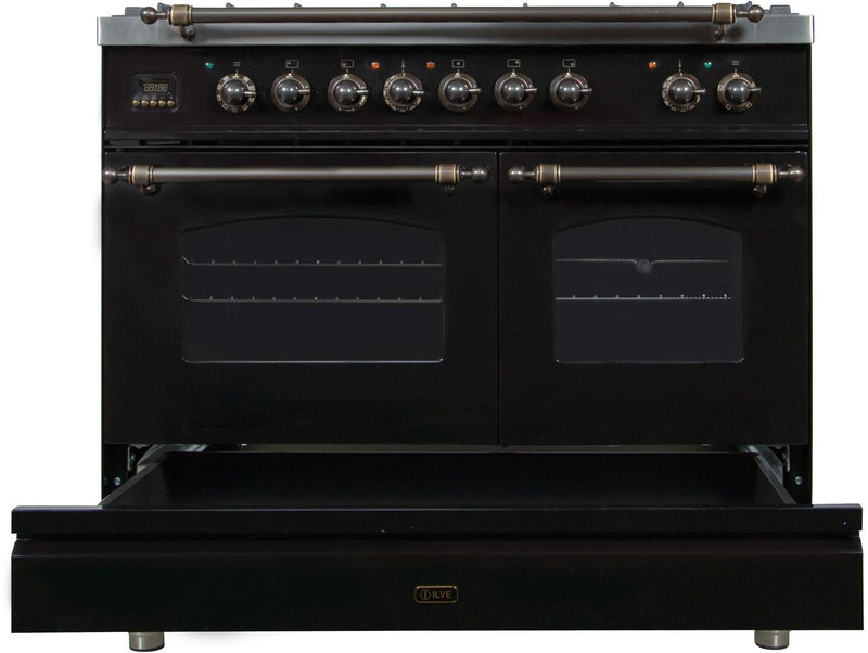 ILVE 40" Nostalgie - Dual Fuel Range with 5 Sealed Brass Burners - 3.55 cu. ft. Oven - Griddle with Bronze Trim in Glossy Black (UPDN100FDMPNY) Ranges ILVE 