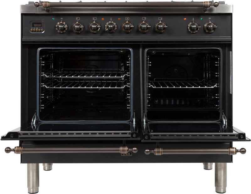 ILVE 40" Nostalgie - Dual Fuel Range with 5 Sealed Brass Burners - 3.55 cu. ft. Oven - Griddle with Bronze Trim in Matte Graphite (UPDN100FDMPMY) Ranges ILVE 