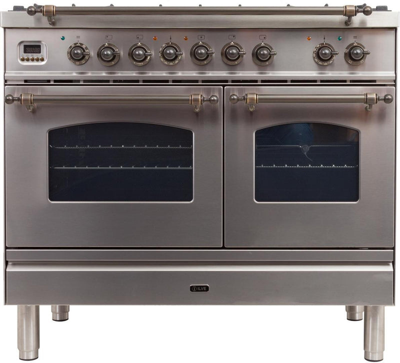 ILVE 40" Nostalgie - Dual Fuel Range with 5 Sealed Brass Burners - 3.55 cu. ft. Oven - Griddle with Bronze Trim in Stainless Steel (UPDN100FDMPIY) Ranges ILVE 