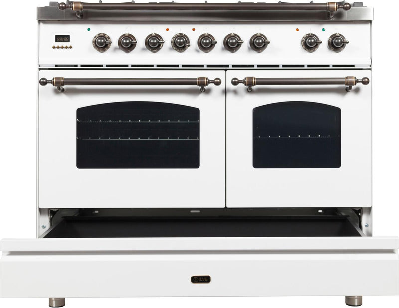 ILVE 40" Nostalgie - Dual Fuel Range with 5 Sealed Brass Burners - 3.55 cu. ft. Oven - Griddle with Bronze Trim in White (UPDN100FDMPBY) Ranges ILVE 