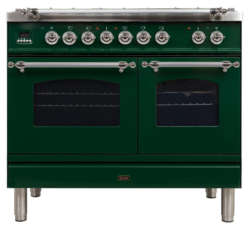 ILVE 40" Nostalgie - Dual Fuel Range with 5 Sealed Brass Burners - 3.55 cu. ft. Oven - Griddle with Chrome Trim in Emerald Green (UPDN100FDMPVSX) Ranges ILVE 