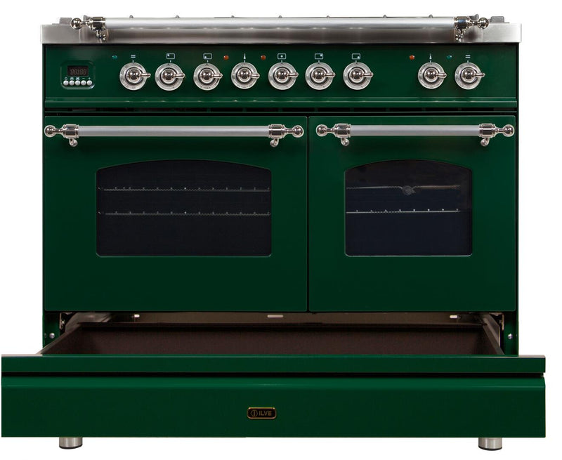 ILVE 40" Nostalgie - Dual Fuel Range with 5 Sealed Brass Burners - 3.55 cu. ft. Oven - Griddle with Chrome Trim in Emerald Green (UPDN100FDMPVSX) Ranges ILVE 