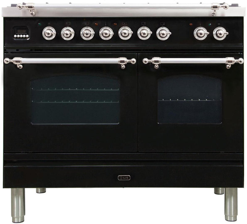 ILVE 40" Nostalgie - Dual Fuel Range with 5 Sealed Brass Burners - 3.55 cu. ft. Oven - Griddle with Chrome Trim in Glossy Black (UPDN100FDMPNX) Ranges ILVE 