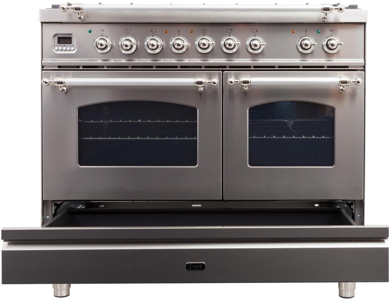 ILVE 40" Nostalgie - Dual Fuel Range with 5 Sealed Brass Burners - 3.55 cu. ft. Oven - Griddle with Chrome Trim in Stainless Steel (UPDN100FDMPIX) Ranges ILVE 