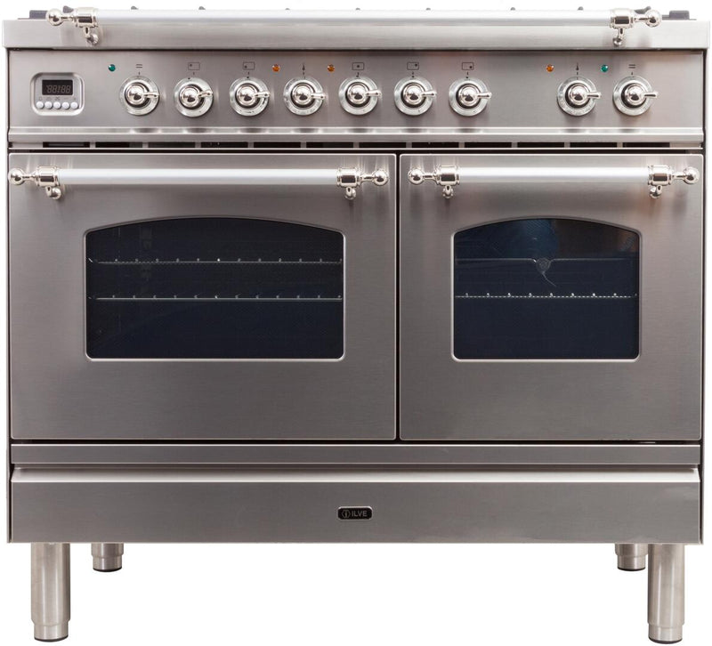 ILVE 40" Nostalgie - Dual Fuel Range with 5 Sealed Brass Burners - 3.55 cu. ft. Oven - Griddle with Chrome Trim in Stainless Steel (UPDN100FDMPIX) Ranges ILVE 