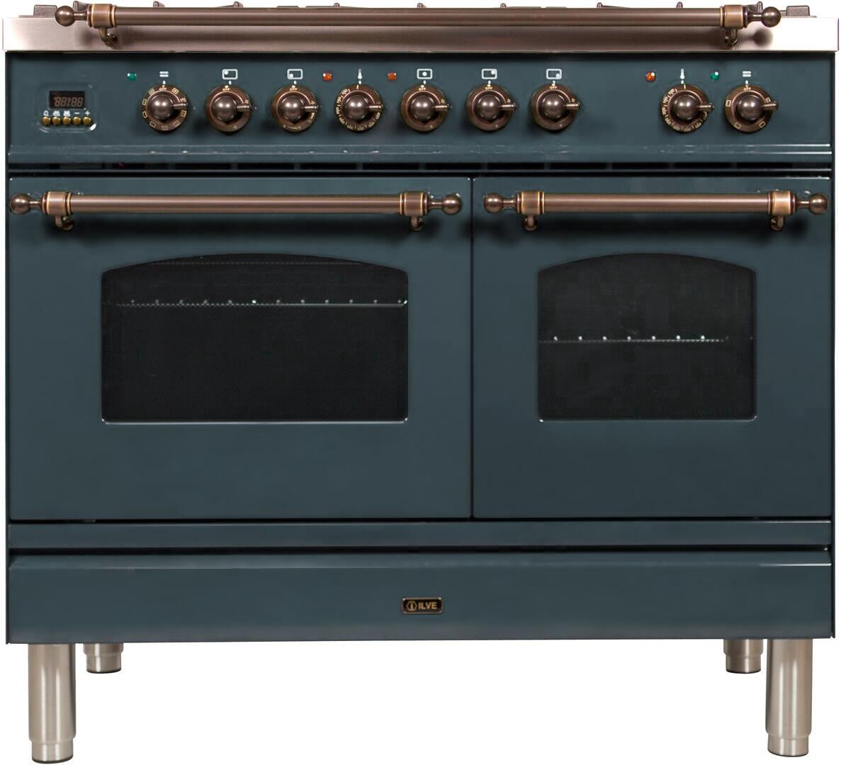 Blue-grey freestanding dual-fuel range with double ovens and bronze control trim