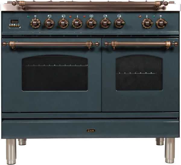 ILVE 40" Nostalgie Series Freestanding Double Oven Dual Fuel Range with 5 Sealed Burners and Griddle in Blue Grey with Bronze Trim (UPDN100FDMPGUY) Ranges ILVE 