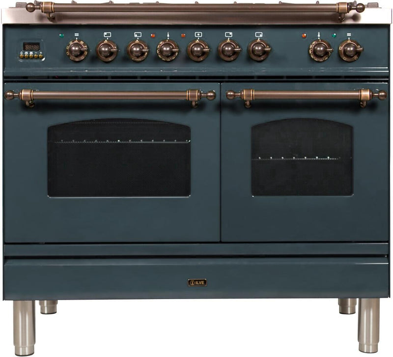 ILVE 40" Nostalgie Series Freestanding Double Oven Dual Fuel Range with 5 Sealed Burners and Griddle in Blue Grey with Bronze Trim (UPDN100FDMPGUY) Ranges ILVE 