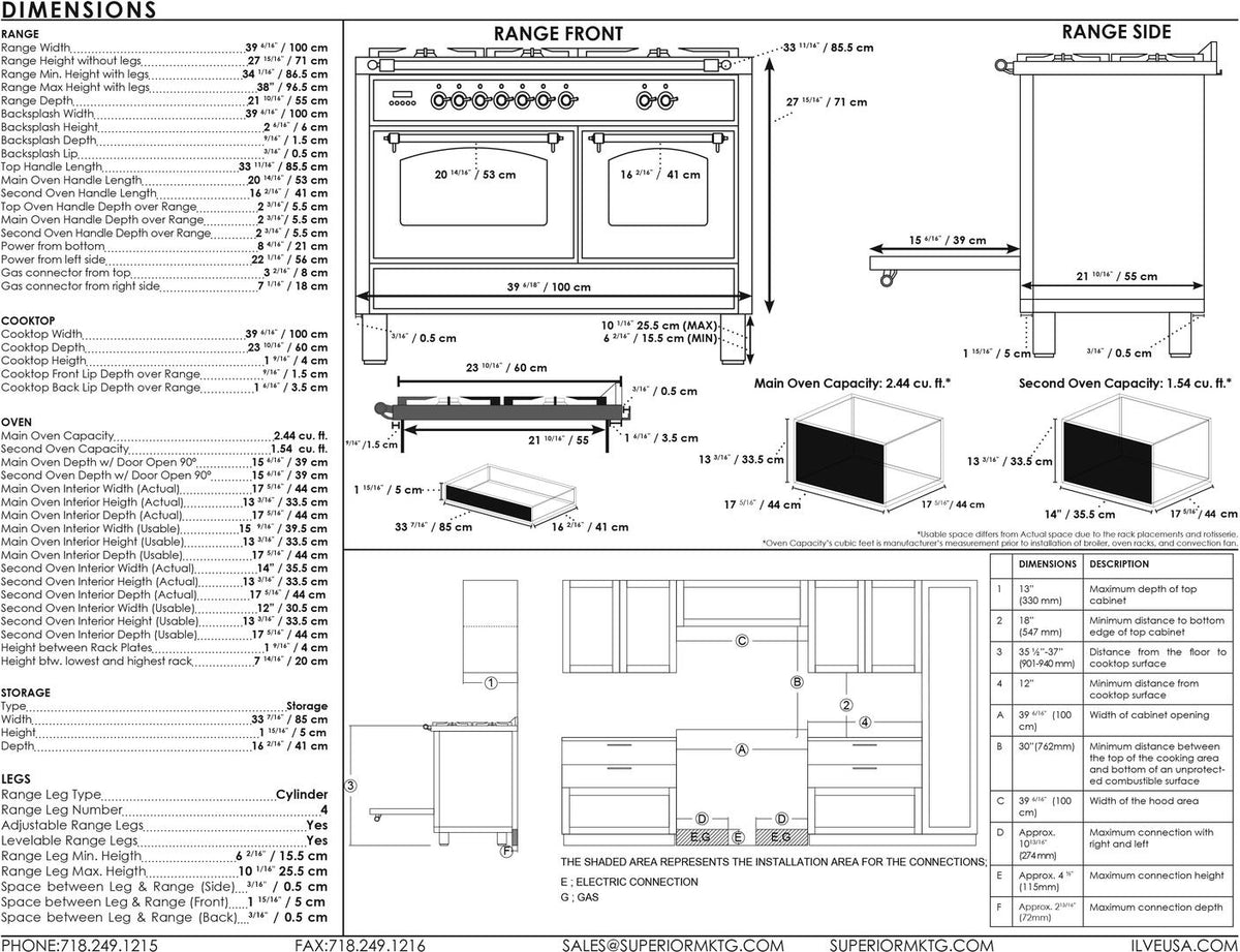 Dual fuel range dimensions diagram with front and side measurements