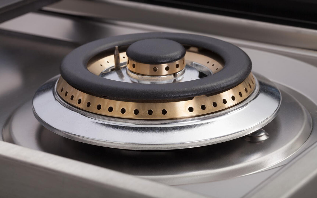 Dual-fuel range burner with black griddle ring and bronze perforated insert