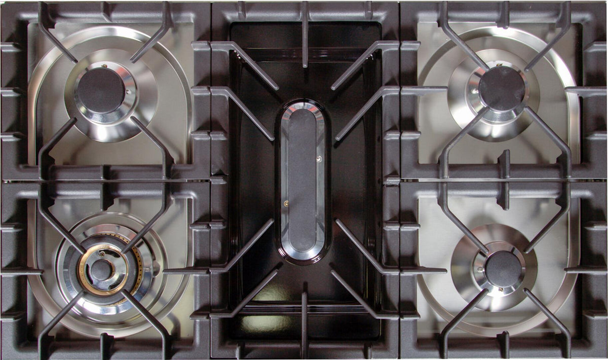 Stainless steel gas cooktop with burner grates and centered control area