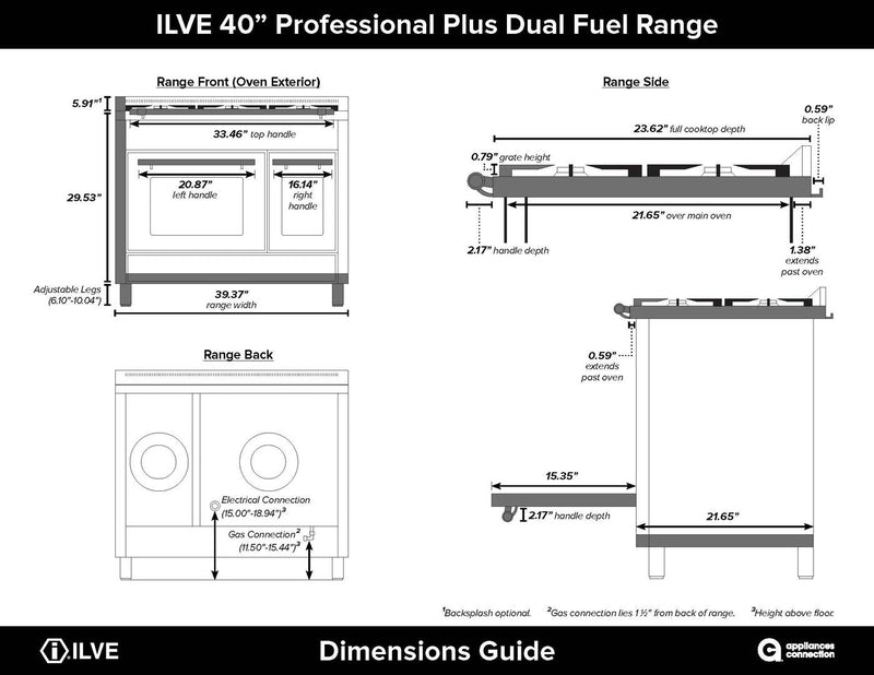 ILVE 40" Professional Plus - Dual Fuel Range with Griddle - 2 Ovens - 4 Sealed Burners - 4 cu. ft. Oven in Stainless Steel (UPDW100FDMPI) Ranges ILVE 