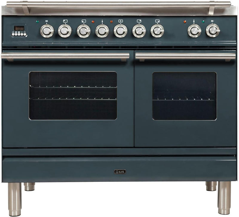 ILVE 40" Professional Plus Series Freestanding Double Oven Dual Fuel Range with 5 Sealed Burners and Griddle in Blue Grey with Chrome Trim (UPDW100FDMPGU) Ranges ILVE 