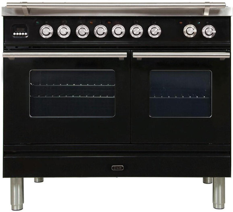 ILVE 40" Professional Plus Series Freestanding Double Oven Dual Fuel Range with 5 Sealed Burners and Griddle in Glossy Black with Chrome Trim (UPDW100FDMPN) Ranges ILVE 