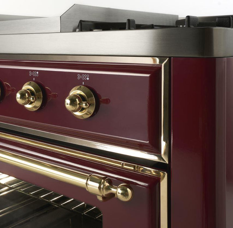 ILVE 48" Majestic II Dual Fuel Range with 8 Burners and Griddle - 5.02 cu. ft. Oven - Brass Trim in Burgundy (UM12FDNS3BUG) Ranges ILVE 
