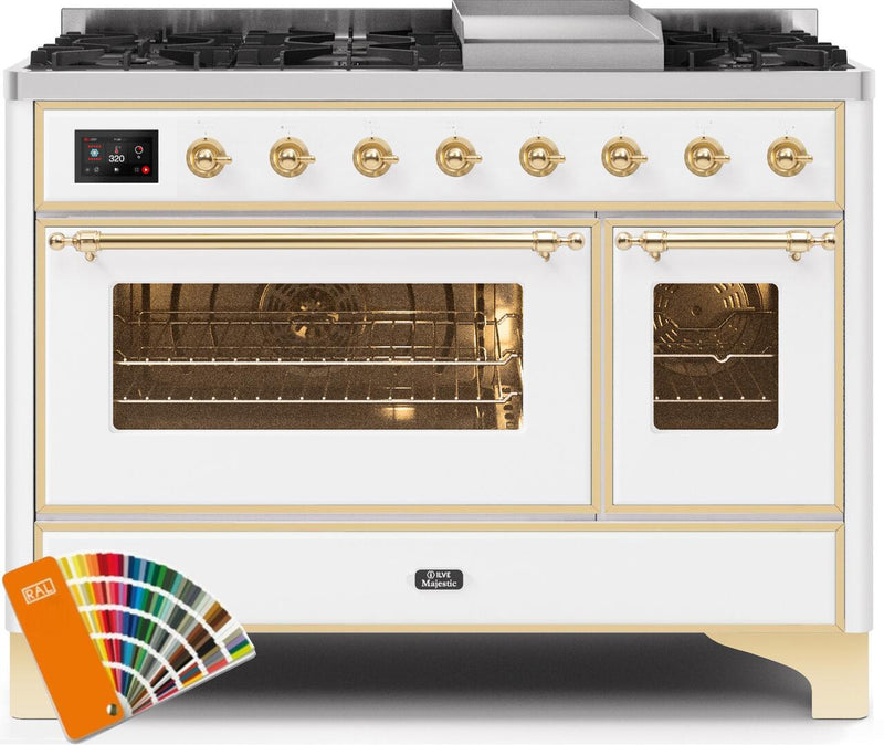 ILVE 48" Majestic II Dual Fuel Range with 8 Burners and Griddle - 5.02 cu. ft. Oven - Brass Trim in Custom RAL Color (UM12FDNS3RALG) Ranges ILVE 