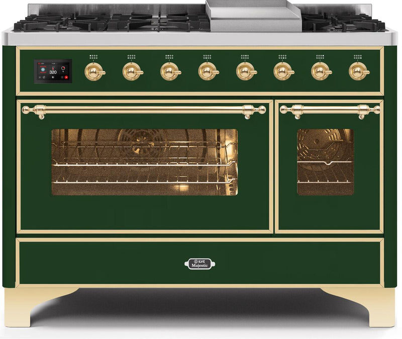 ILVE 48" Majestic II Dual Fuel Range with 8 Burners and Griddle - 5.02 cu. ft. Oven - Brass Trim in Emerald Green (UM12FDNS3EGG) Ranges ILVE 
