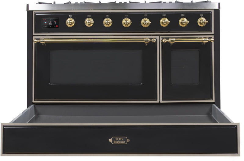 ILVE 48" Majestic II Dual Fuel Range with 8 Burners and Griddle - 5.02 cu. ft. Oven - Brass Trim in Glossy Black (UM12FDNS3BKG) Ranges ILVE 