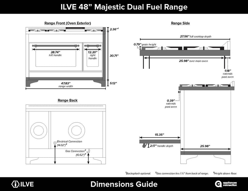 ILVE 48" Majestic II Dual Fuel Range with 8 Burners and Griddle - 5.02 cu. ft. Oven - Brass Trim in Midnight Blue (UM12FDNS3MBG) Ranges ILVE 