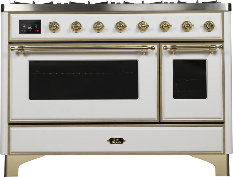 ILVE 48" Majestic II Dual Fuel Range with 8 Burners and Griddle - 5.02 cu. ft. Oven - Brass Trim in White (UM12FDNS3WHG) Ranges ILVE 