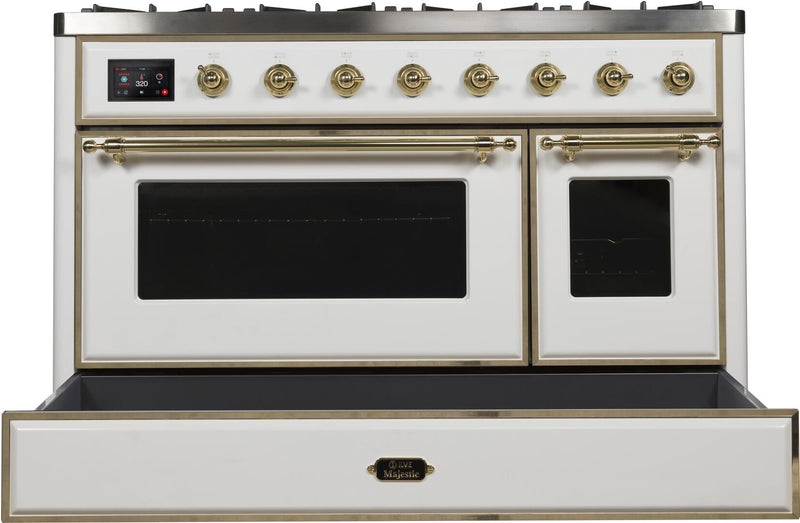 ILVE 48" Majestic II Dual Fuel Range with 8 Burners and Griddle - 5.02 cu. ft. Oven - Brass Trim in White (UM12FDNS3WHG) Ranges ILVE 