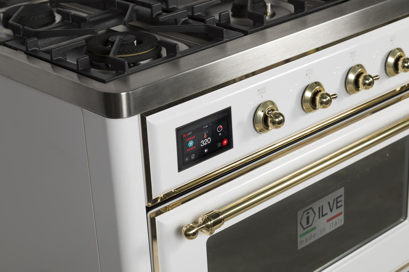 ILVE 48" Majestic II Dual Fuel Range with 8 Burners and Griddle - 5.02 cu. ft. Oven - Brass Trim in White (UM12FDNS3WHG) Ranges ILVE 