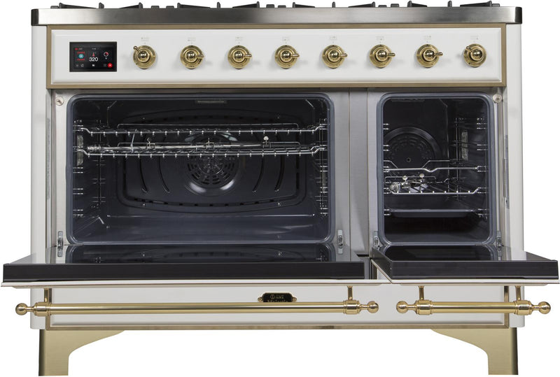 ILVE 48" Majestic II Dual Fuel Range with 8 Burners and Griddle - 5.02 cu. ft. Oven - Brass Trim in White (UM12FDNS3WHG) Ranges ILVE 