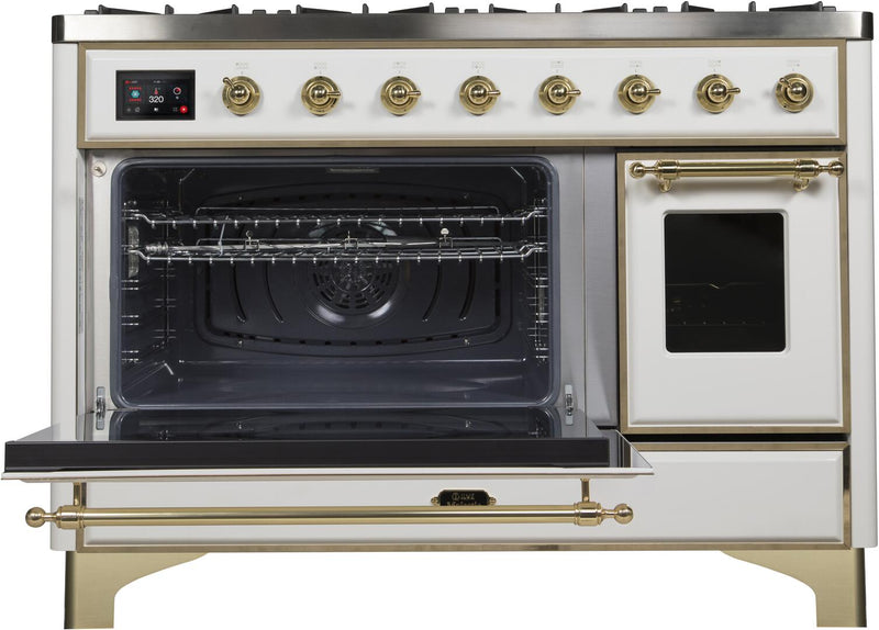 ILVE 48" Majestic II Dual Fuel Range with 8 Burners and Griddle - 5.02 cu. ft. Oven - Brass Trim in White (UM12FDNS3WHG) Ranges ILVE 