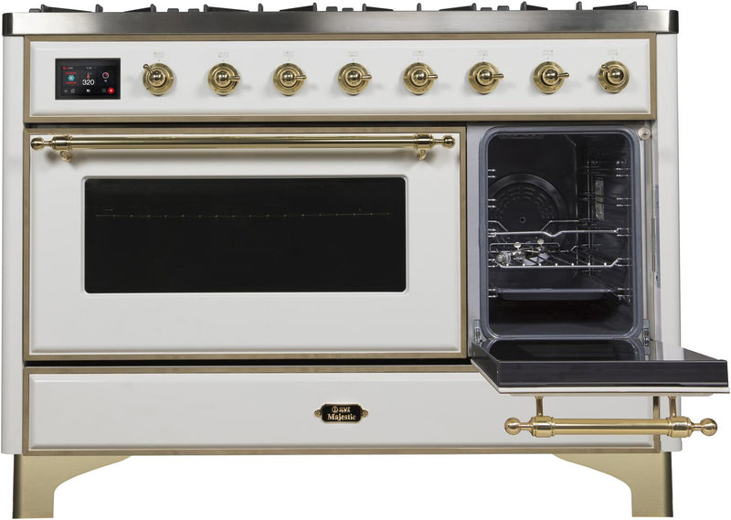 ILVE 48" Majestic II Dual Fuel Range with 8 Burners and Griddle - 5.02 cu. ft. Oven - Brass Trim in White (UM12FDNS3WHG) Ranges ILVE 