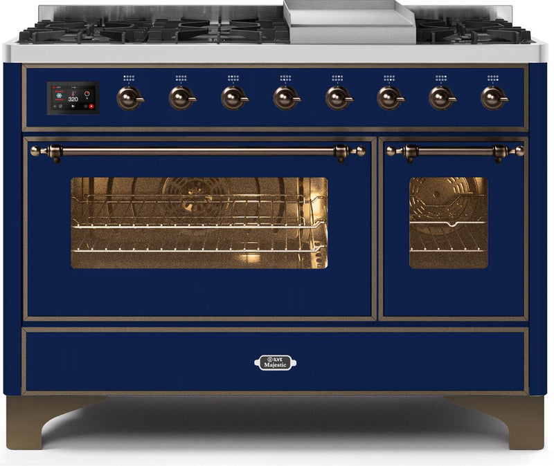 ILVE 48" Majestic II Dual Fuel Range with 8 Burners and Griddle - 5.02 cu. ft. Oven - Bronze in Midnight Blue (UM12FDNS3MBB) Ranges ILVE 