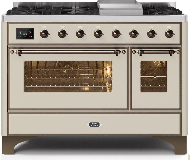 ILVE 48" Majestic II Dual Fuel Range with 8 Burners and Griddle - 5.02 cu. ft. Oven - Bronze Trim in Antique White (UM12FDNS3AWB) Ranges ILVE 