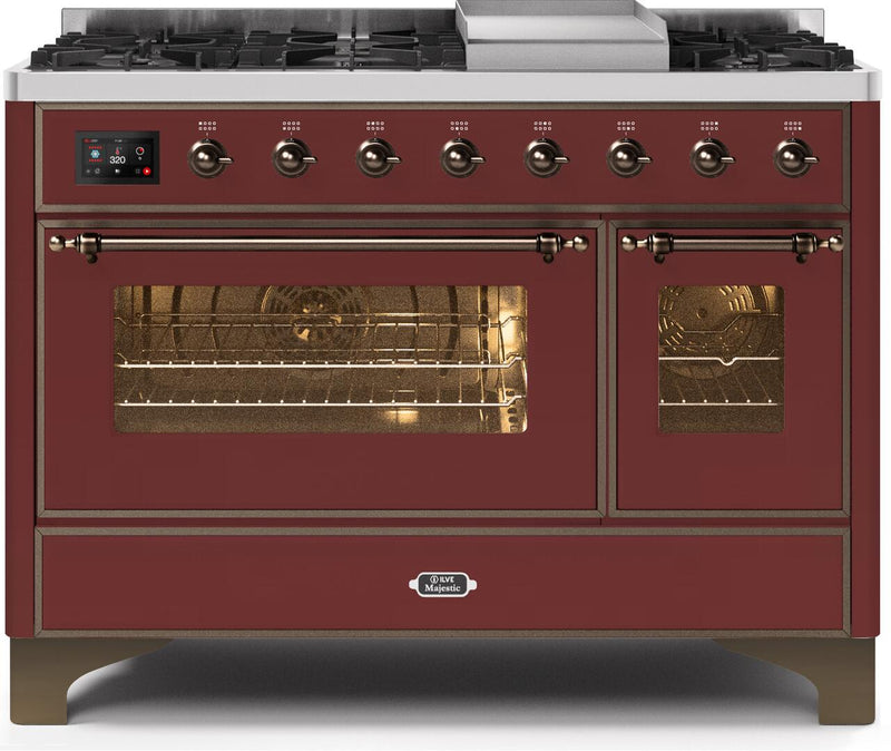 ILVE 48" Majestic II Dual Fuel Range with 8 Burners and Griddle - 5.02 cu. ft. Oven - Bronze Trim in Burgundy (UM12FDNS3BUB) Ranges ILVE 