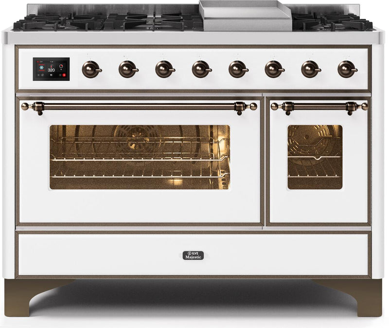 ILVE 48" Majestic II Dual Fuel Range with 8 Burners and Griddle - 5.02 cu. ft. Oven - Bronze Trim in White (UM12FDNS3WHB) Ranges ILVE 