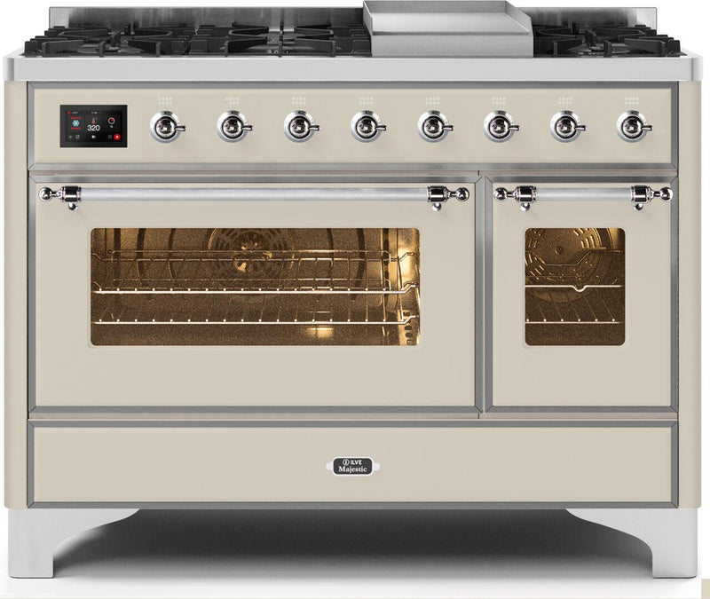 ILVE 48" Majestic II Dual Fuel Range with 8 Burners and Griddle - 5.02 cu. ft. Oven - Chrome Trim in Antique White (UM12FDNS3AWC) Ranges ILVE 