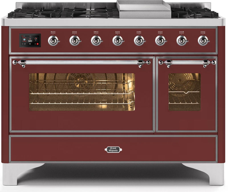 ILVE 48" Majestic II Dual Fuel Range with 8 Burners and Griddle - 5.02 cu. ft. Oven - Chrome Trim in Burgundy (UM12FDNS3BUC) Ranges ILVE 