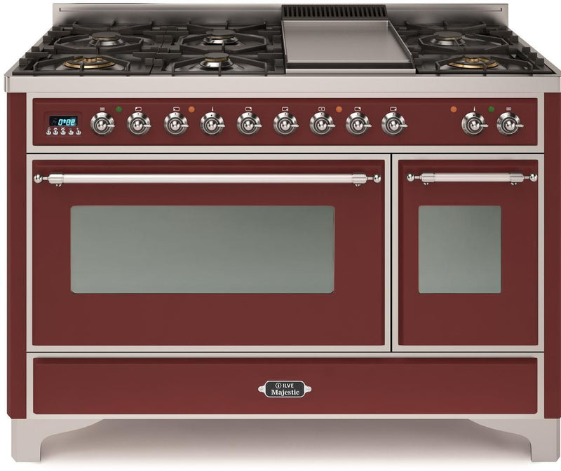 ILVE 48" Majestic II Dual Fuel Range with 8 Burners and Griddle - 5.02 cu. ft. Oven - Chrome Trim in Burgundy (UM12FDNS3BUC) Ranges ILVE 