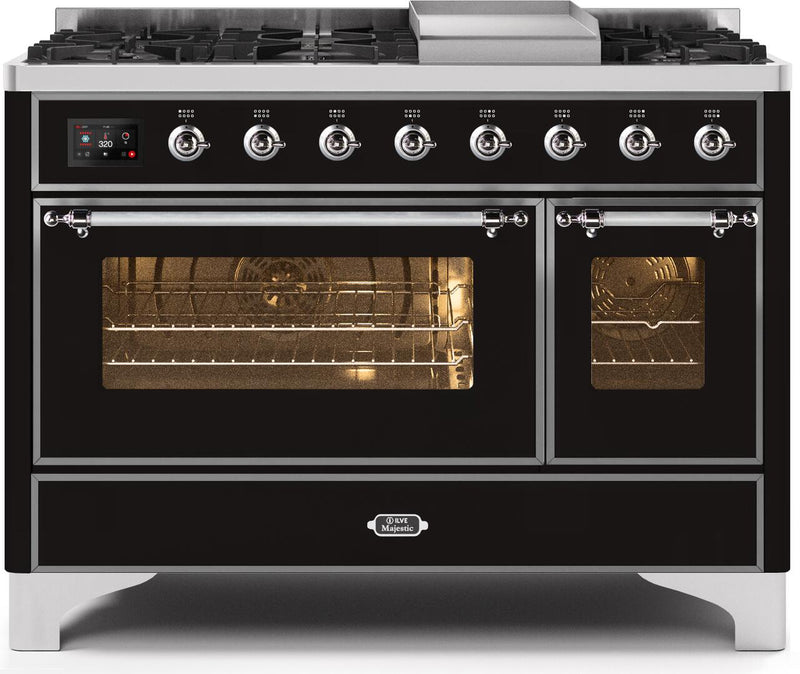 ILVE 48" Majestic II Dual Fuel Range with 8 Burners and Griddle - 5.02 cu. ft. Oven - Chrome Trim in Glossy Black (UM12FDNS3BKC) Ranges ILVE 