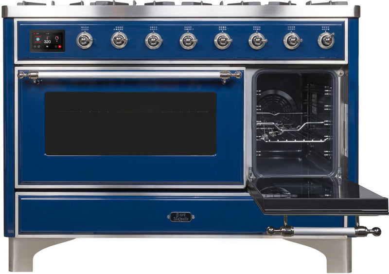 ILVE 48" Majestic II Dual Fuel Range with 8 Burners and Griddle - 5.02 cu. ft. Oven - Chrome Trim in Midnight Blue (UM12FDNS3MBC) Ranges ILVE 