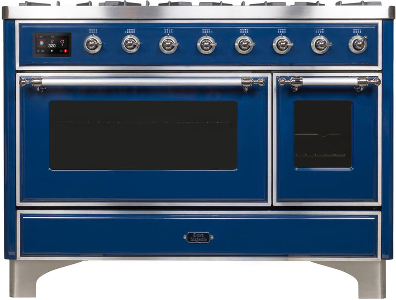 ILVE 48" Majestic II Dual Fuel Range with 8 Burners and Griddle - 5.02 cu. ft. Oven - Chrome Trim in Midnight Blue (UM12FDNS3MBC) Ranges ILVE 