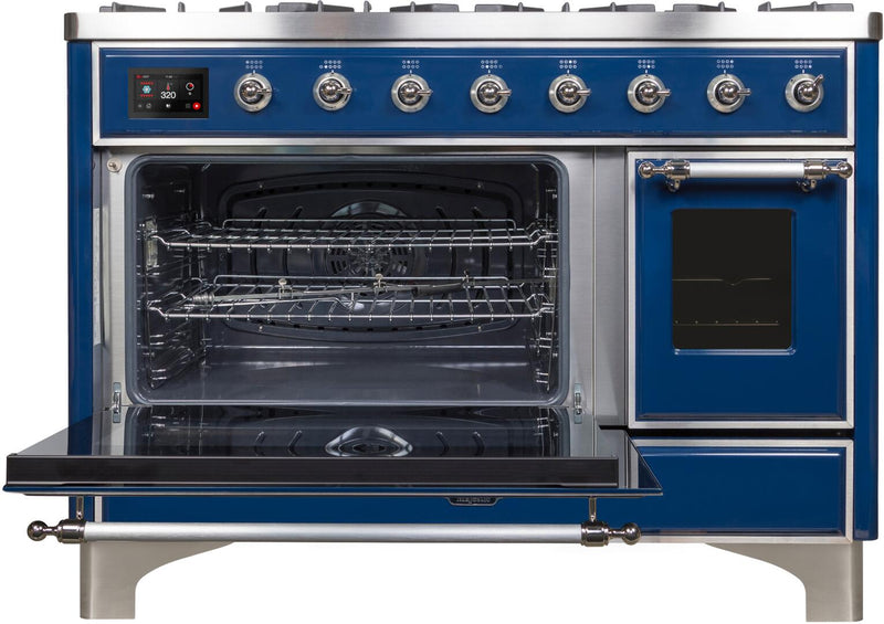 ILVE 48" Majestic II Dual Fuel Range with 8 Burners and Griddle - 5.02 cu. ft. Oven - Chrome Trim in Midnight Blue (UM12FDNS3MBC) Ranges ILVE 